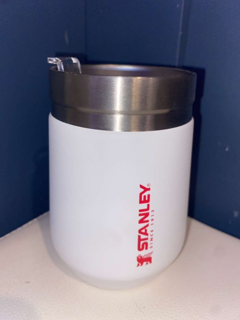 Stanley Stainless Steel White Tumbler with Lid‎ and Red Logo 10oz.